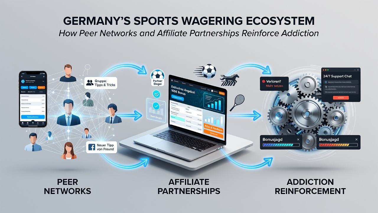 Illustration von Affiliate-Netzwerken und Peer-Interaktionen im Kontext deutscher Sportwetten mit Schutzelementen