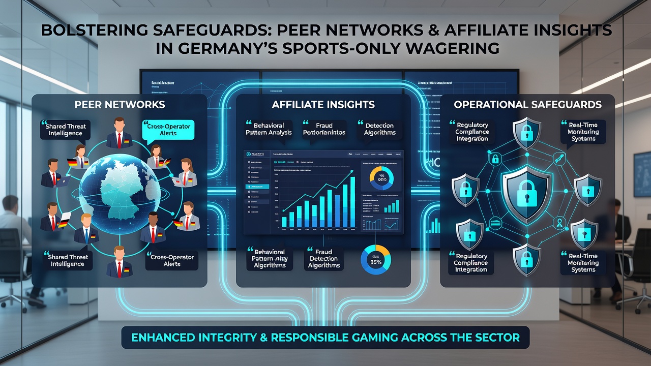 Illustration von Datenflüssen zwischen Affiliate-Netzwerken und Schutzsystemen im Sportwettenbereich
